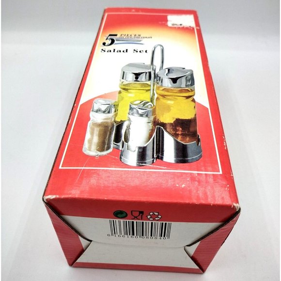 Salad Set 5 Piece Oil Vinegar Salt Pepper Caddy Oldtyme Still Sealed Inside Box - Picture 9 of 11